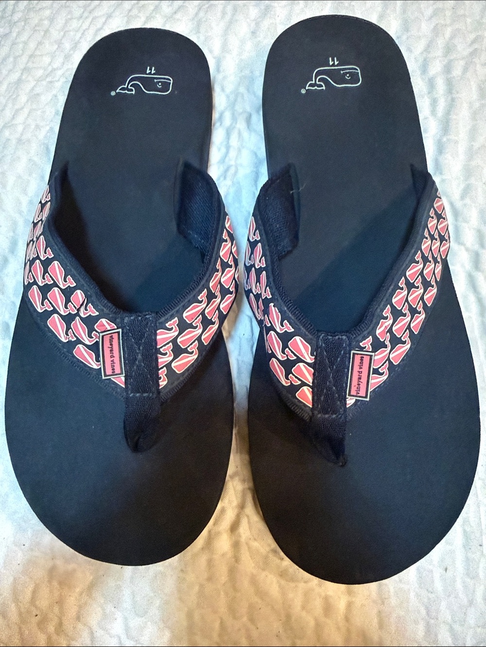 Vineyard Vines Navy Flip Flops with Pink Whale Print Straps